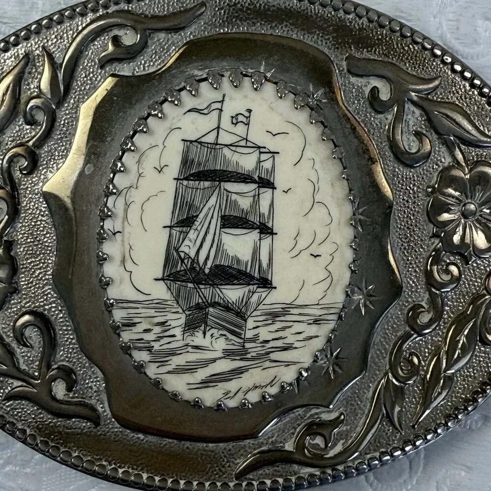 Vintage Sailing Ship Scrimshaw Belt Buckle Silver Metal Bone Floral